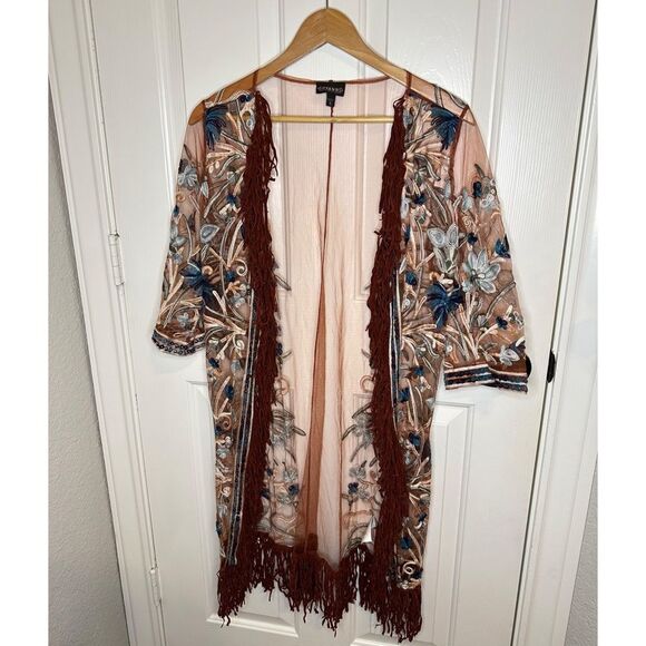 Shyanne Brown Blue Mesh Floral Embroidered Tassel Kimono Duster Sz S Western - Picture 1 of 7